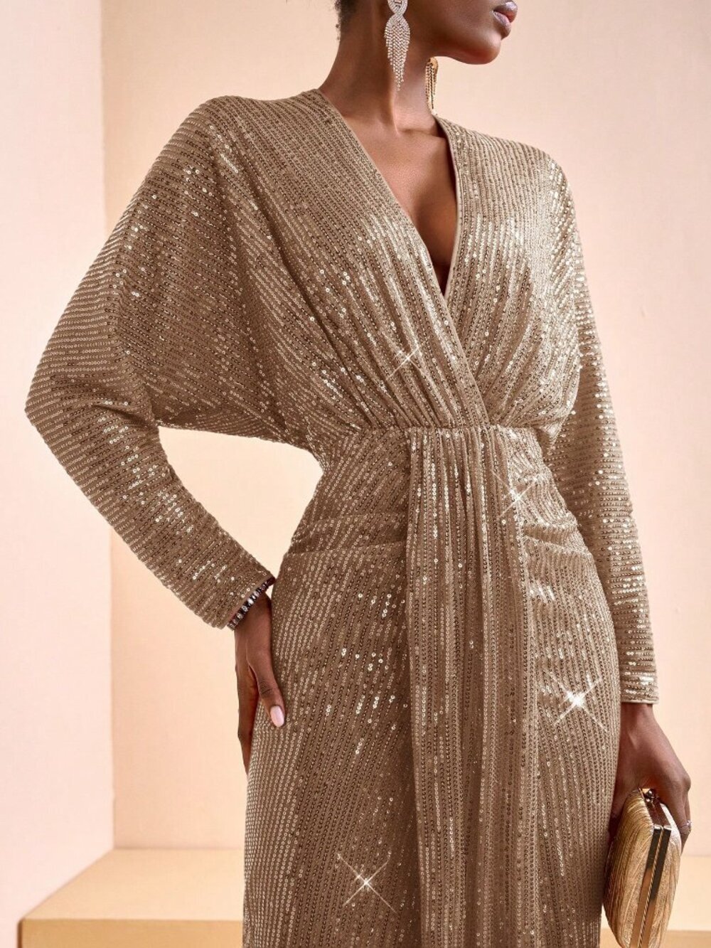 Brown Elegant Women's Deep V-Neck One-Shoulder Sequined Fishtail Dress